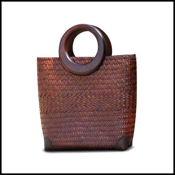 Hand-Woven Rattan Tote Bag Boho Retro Travel Beach Bag Wood Handle